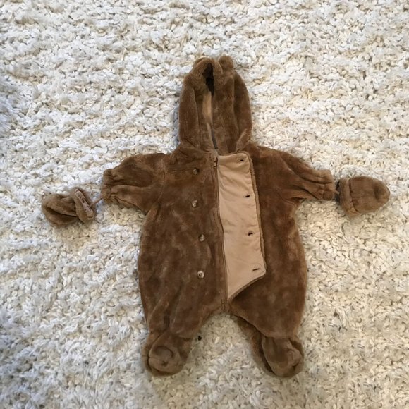 The Childrens Place Baby Luxuries Brown Bear Ears Zip Up/Button Snow Suit - 0-3m - Picture 2 of 6